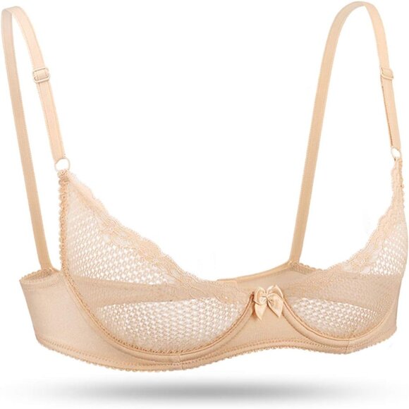 🆕 Women Cream Sexy Lace Cup Bra Balconette Mesh Underwired Demi Shelf Bralette - Picture 5 of 8
